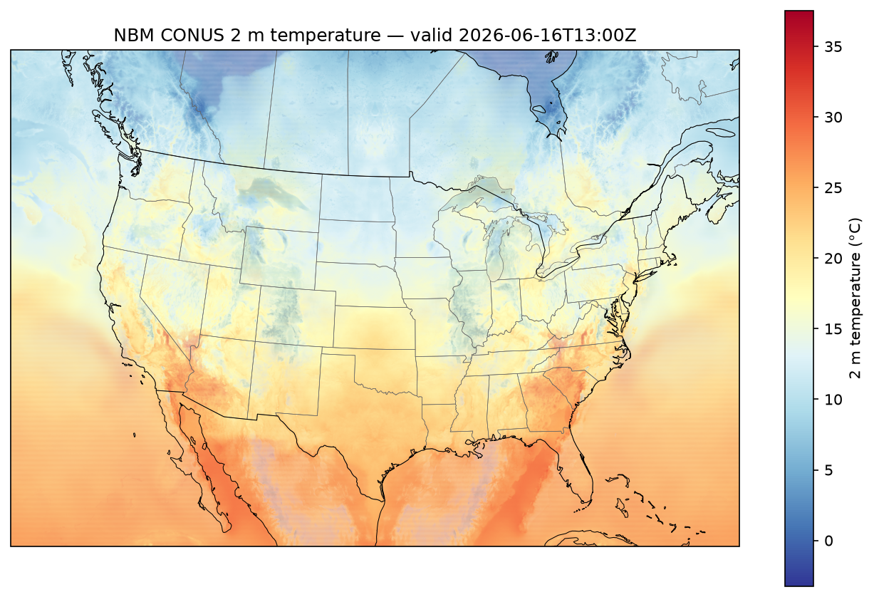 Map of 2 m temperature over the contiguous United States from the NOAA National Blend of Models, plotted on a Lambert Conformal projection with state boundaries and coastlines, using a red-yellow-blue colormap in degrees Celsius.