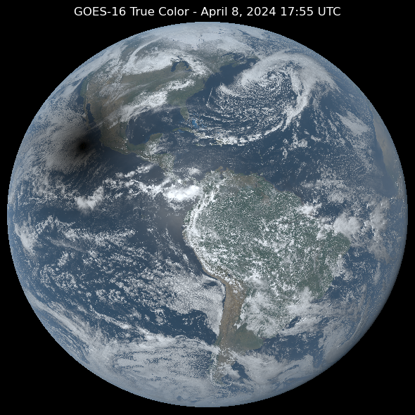 GOES-16 true color full disk on 8 April 2024, with the dark shadow of the lunar umbra from the total solar eclipse visible over North America